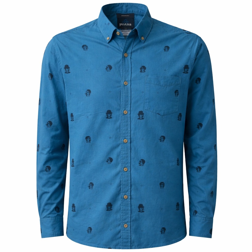 prAna Broderick Slim Shirt L River Rock Blue Conversation Print Button Down NWT